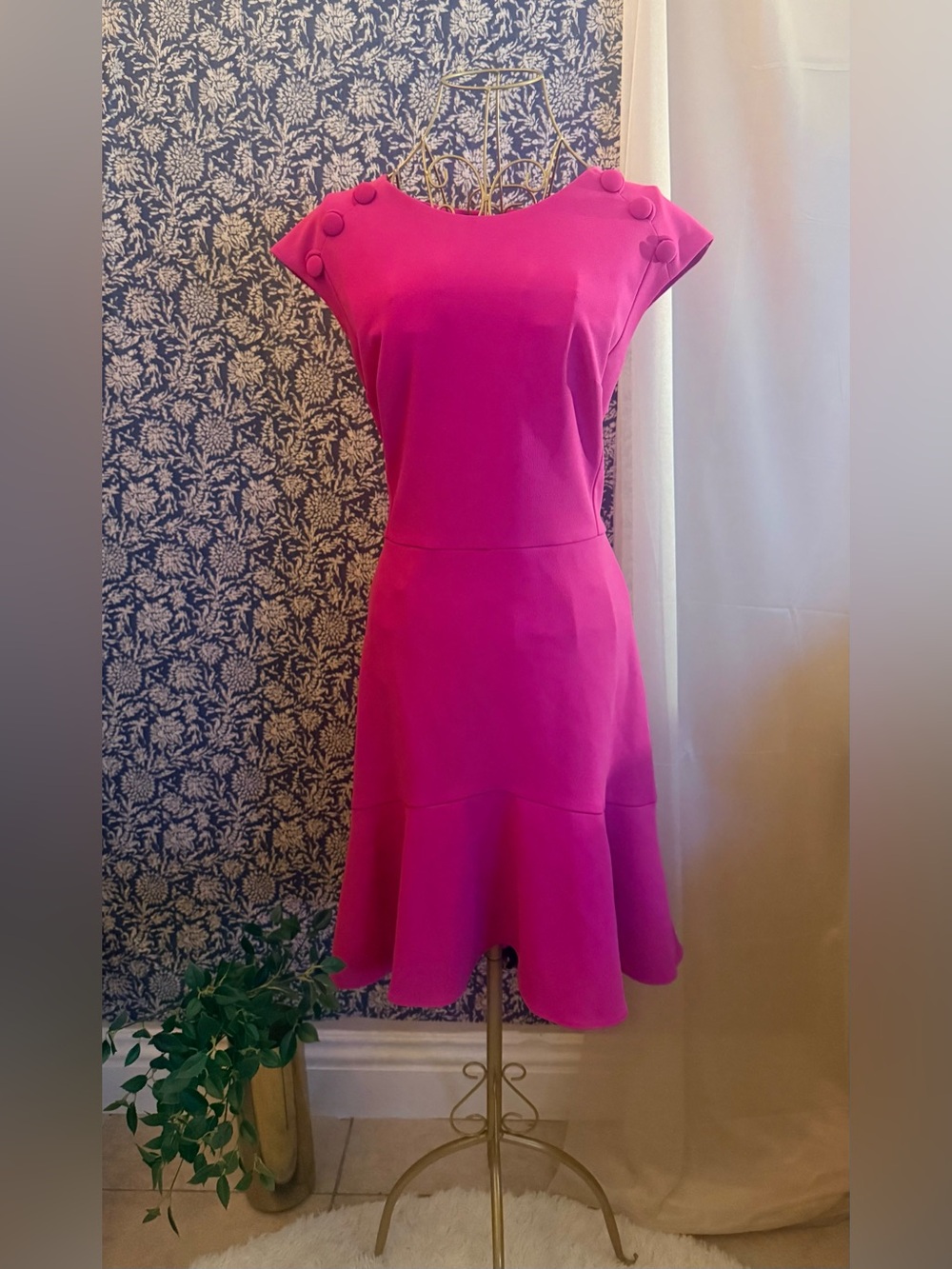 Calvin Klein Bright Pink Button Detail Flounce Hem Dress Size 14